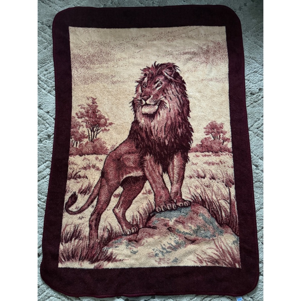 Vintage San Marcos Lion Blanket Burgundy Cream Twin Cobija Individual 79x53